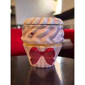 New Pink / Orange Cupcake W/ Bow Ceramic Kitchen Bakery Cookie Jar W/ Lid Gift